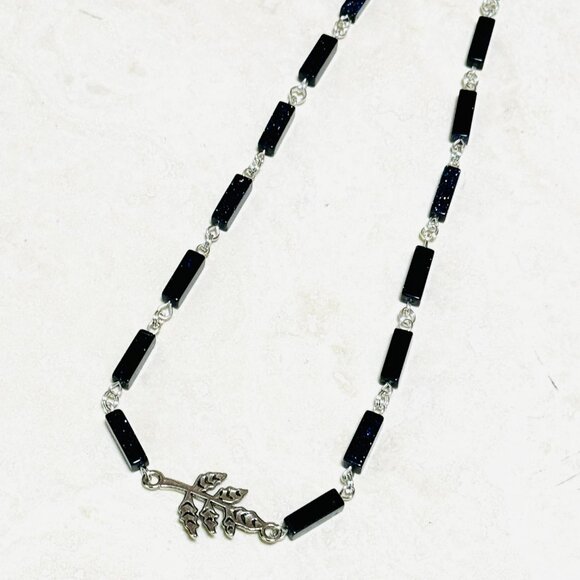 Dark Blue Goldstone Short Necklace w/ Silver Leaf Branch Pendant - Picture 7 of 14